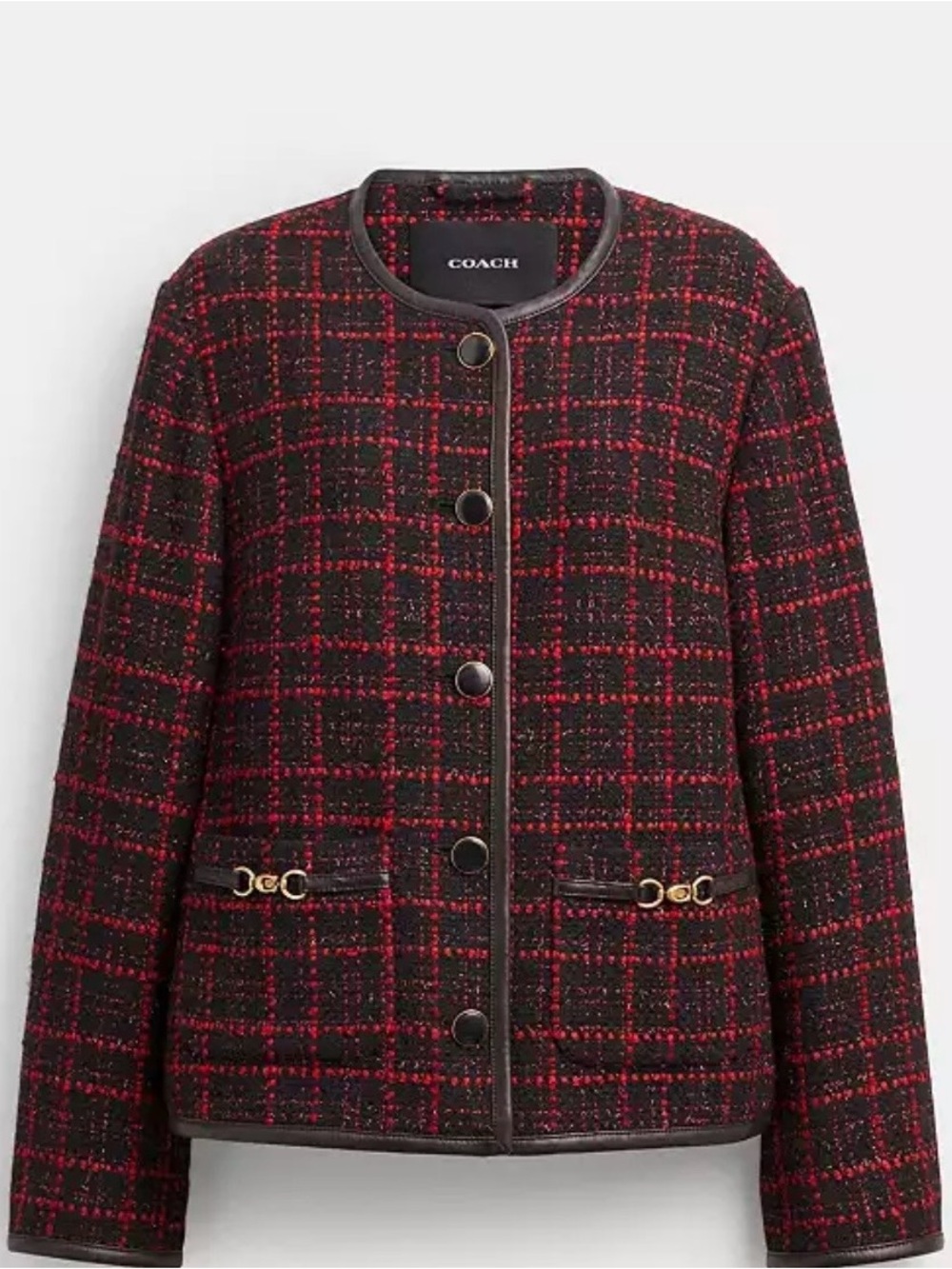 Coach Black and Red Plaid Tweed Collarless Jacket